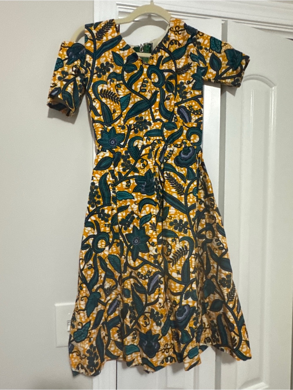 Printed Yellow & Teal Midi Dress with Botanical Motif